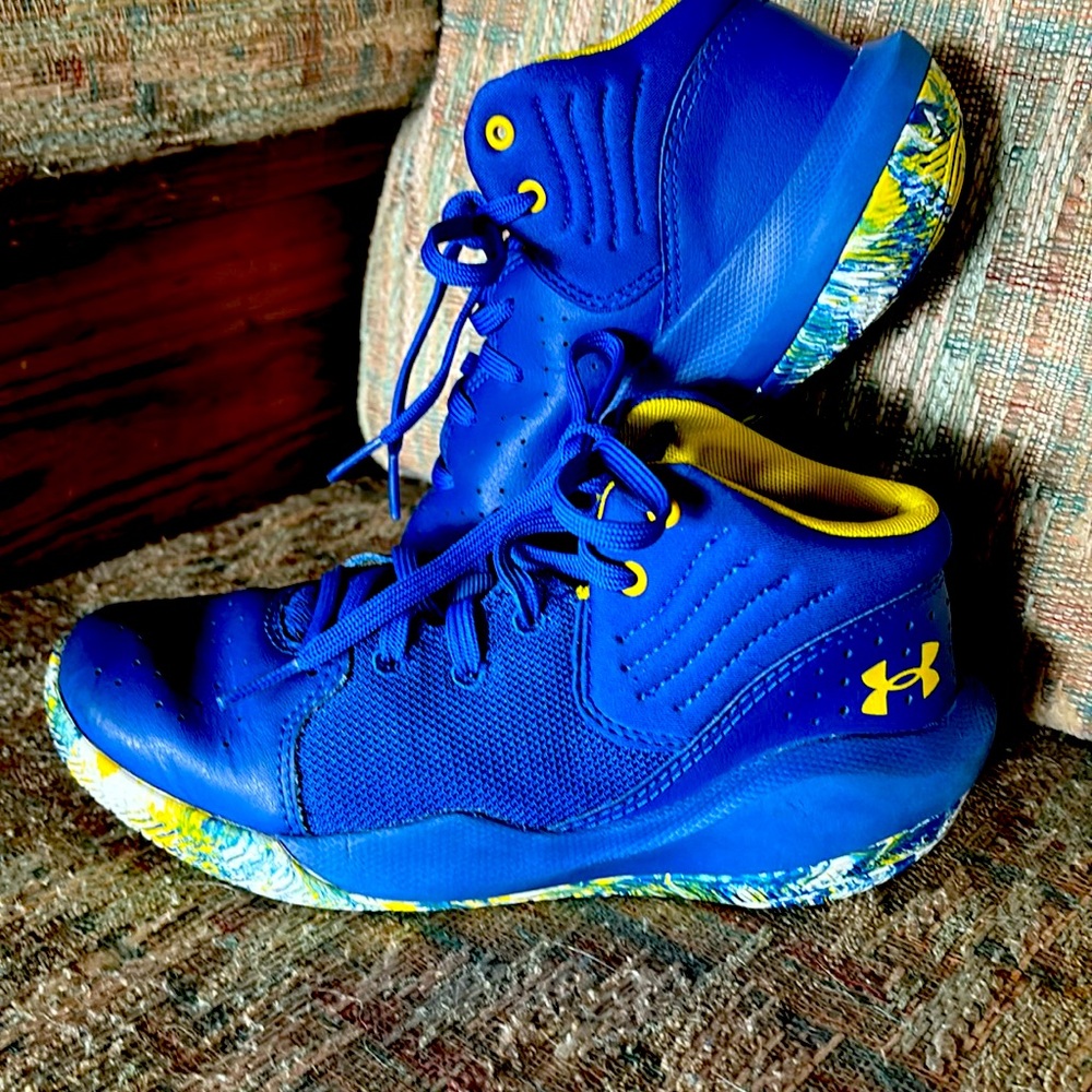 Under Armour child size 3 Bright Blue and Yellow basketball sneakers